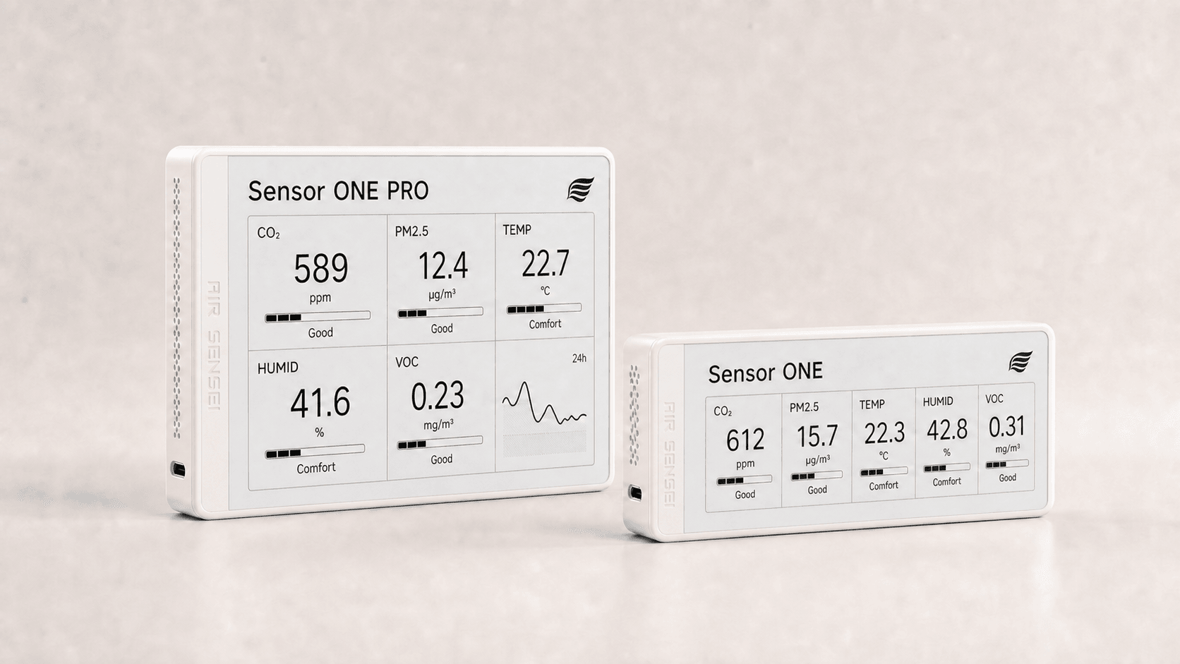 Air Sensei Sensor ONE and Sensor ONE PRO in warm-white polycarbonate shells