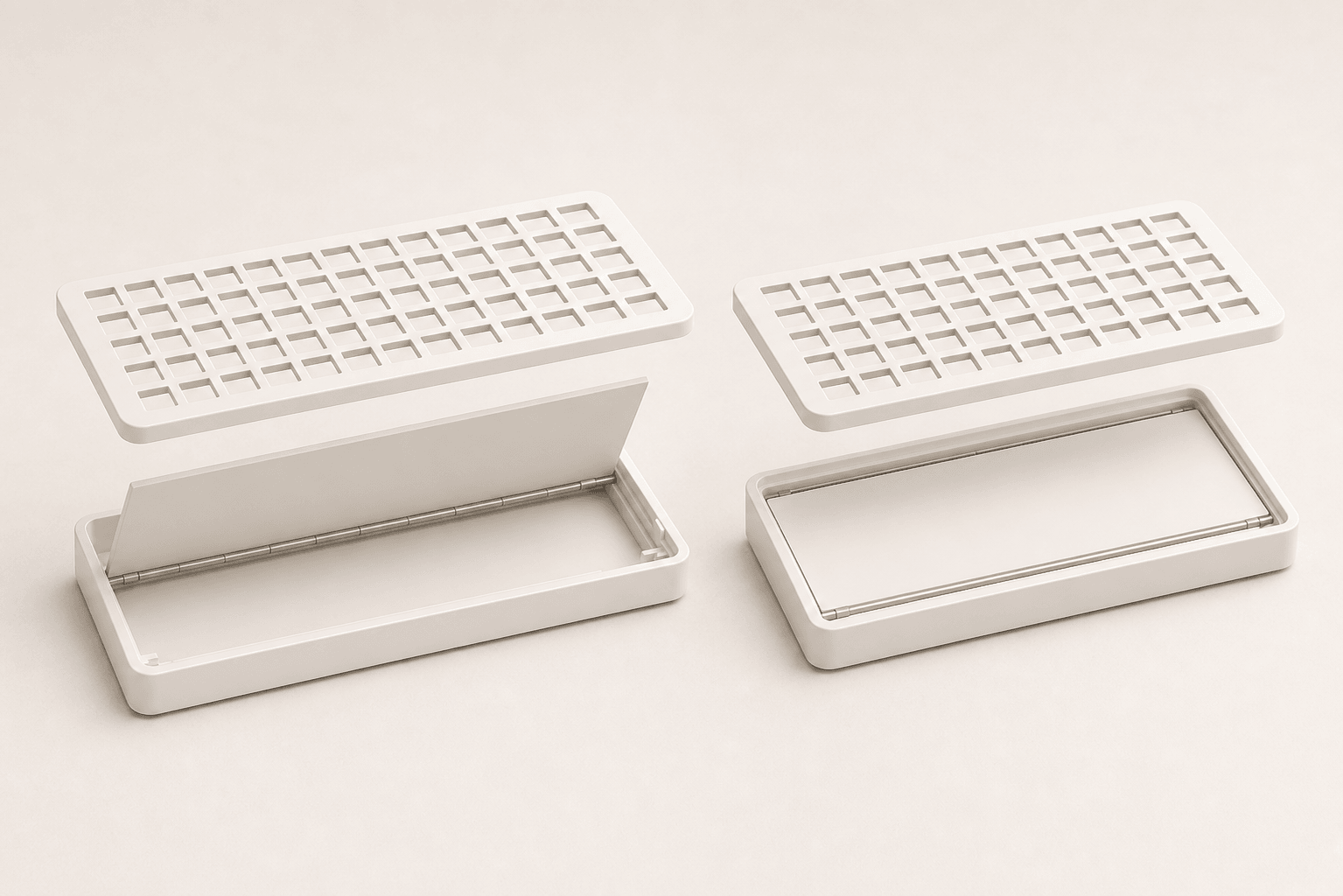 Two white vent grilles lifted above matching rectangular frames