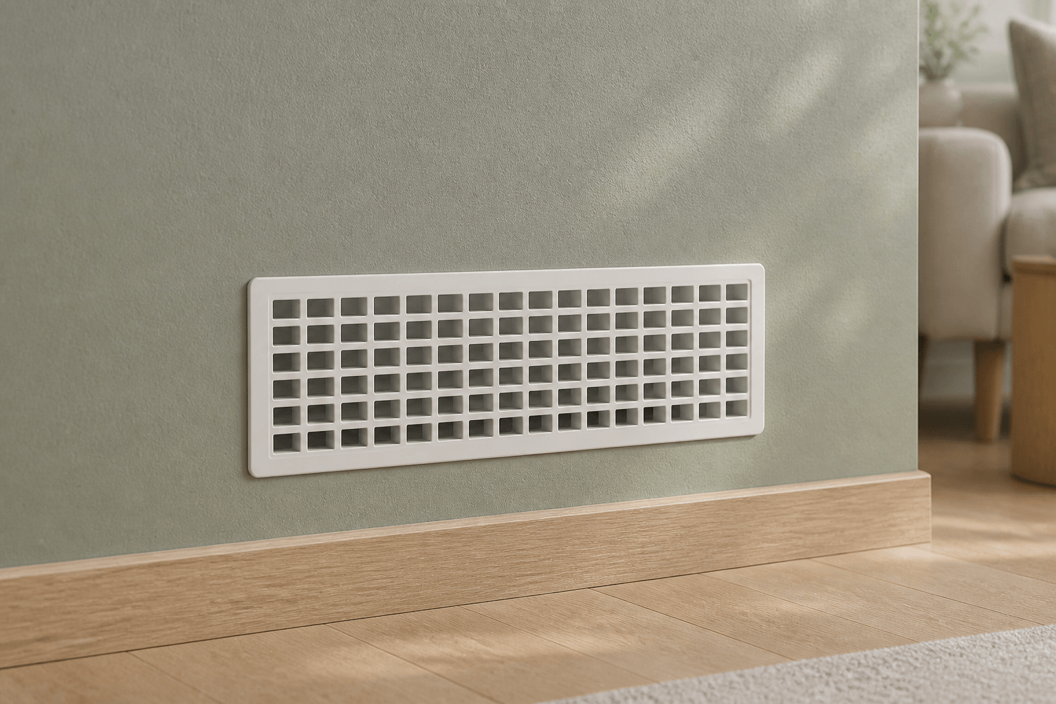 White Air Sensei smart vent installed low on a sage-green wall