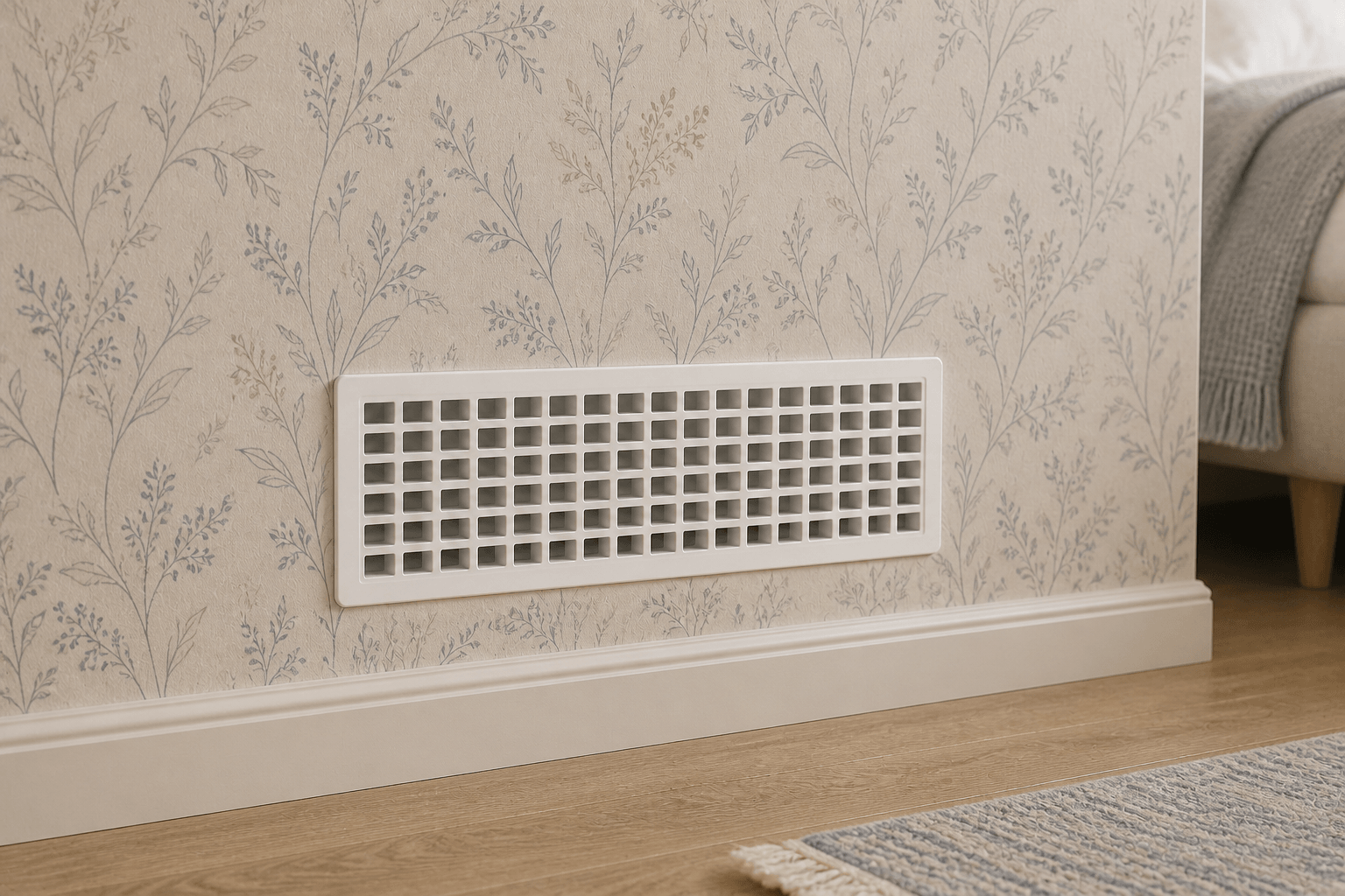 White Air Sensei smart vent installed low on a patterned wallpapered wall
