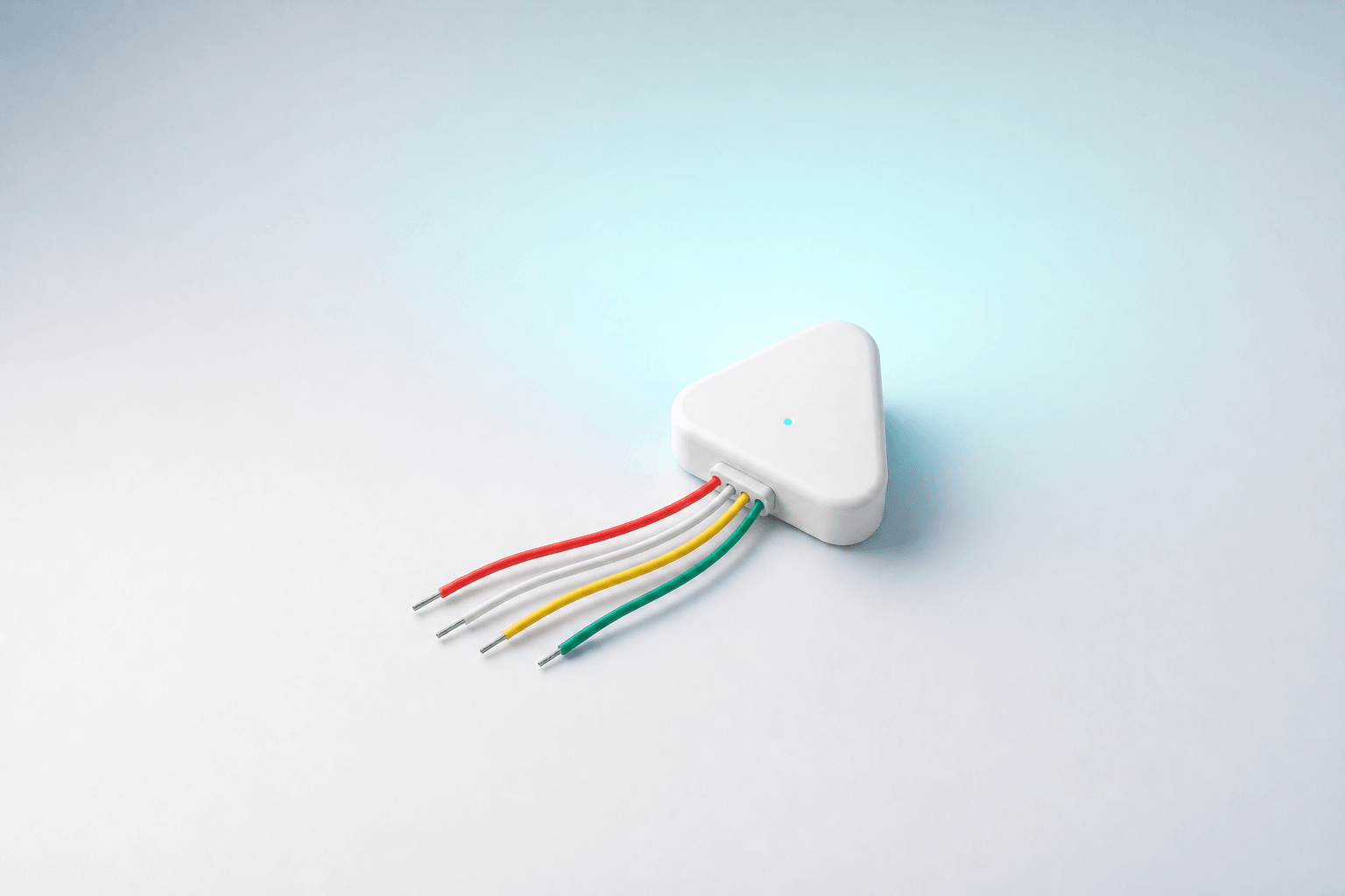 Concept render of a compact white triangular Air Sensei HVAC Monitor with four color-coded leads