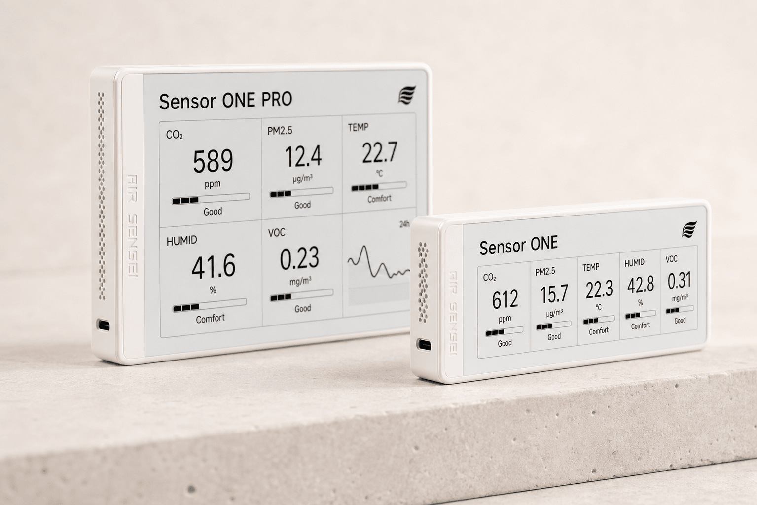 Sensor ONE and Sensor ONE PRO showing their thin shells, precision vents, and asymmetric e-paper chins