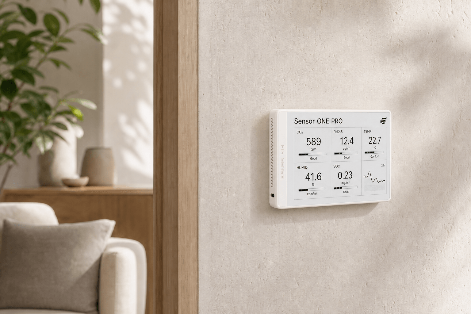 Sensor ONE PRO mounted on a warm plaster wall in a calm living space